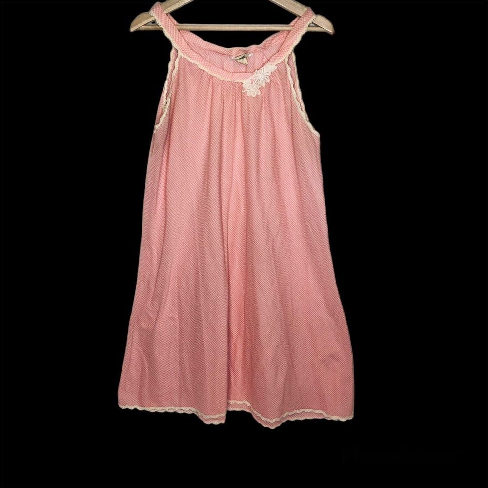 Vintage Eve Stillman Gingham Nightgown Large Sleeveless Pink Knit Applique